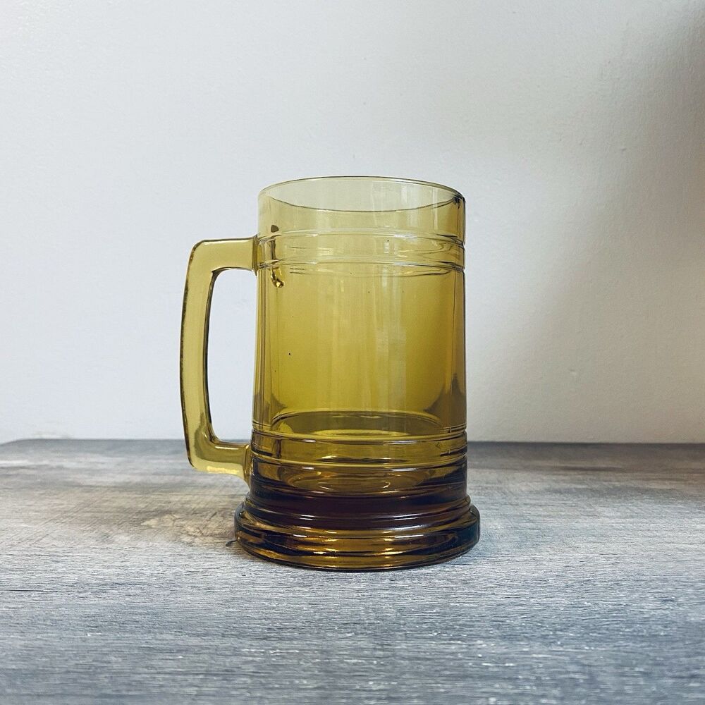 Vintage Amber Glass Beer Stein: Retro 70s Honey Golden Heavy Mug